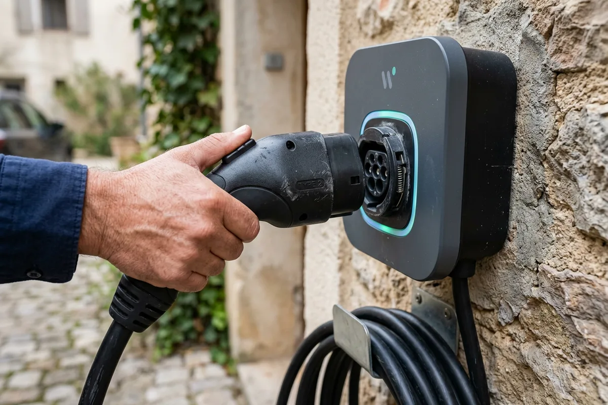 Détail du connecteur d'une borne de recharge murale à Eybens