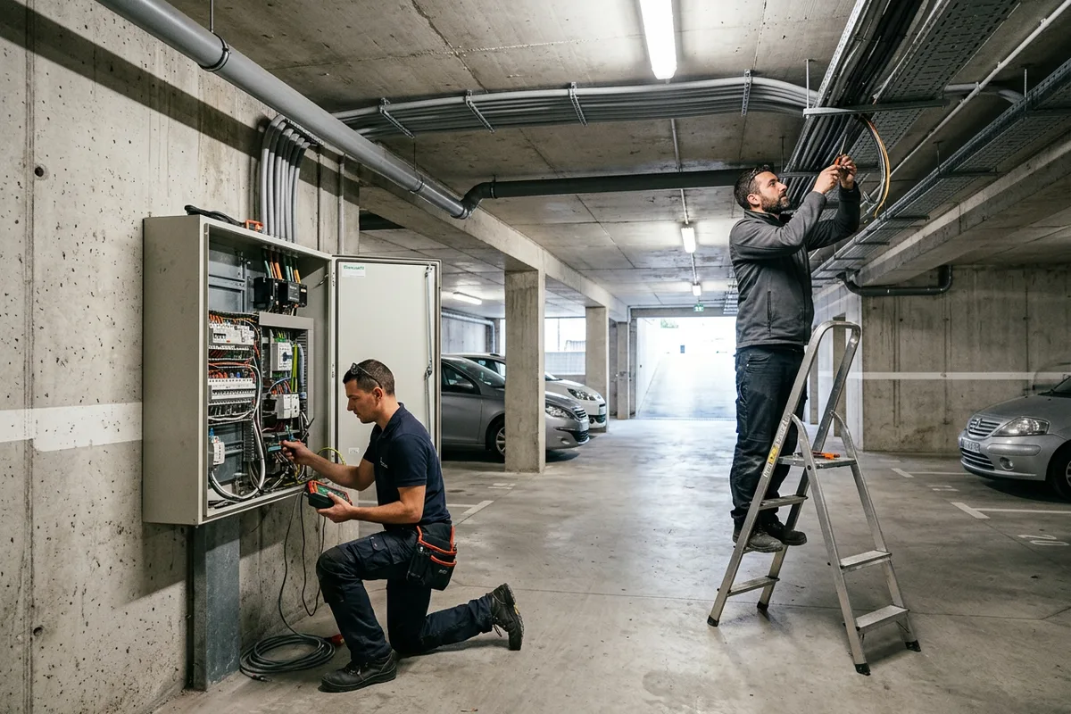 Équipe d'électriciens pour pose de bornes en copropriété à Oermingen Équipe d'électriciens pour pose de bornes en copropriété à Oermingen